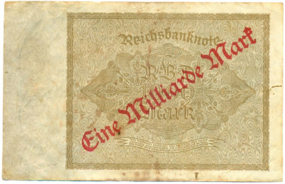 1 миллиард марок 1923 года Германия (Надпечатка на 1000 марок 1922 года)