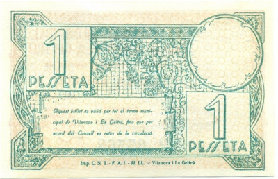 1 песета 1937 года Виланова-и-ла-Желтру (Гражданская Война в Испании)