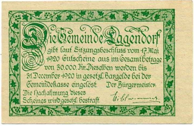 20 геллеров 1920 года Австрия — Коммуна Эггендорф (Нотгельд)