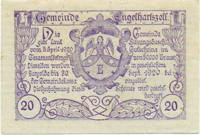 20 геллеров 1920 года Австрия — Коммуна Энгельхартсцелль (Нотгельд)