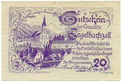 20 геллеров 1920 года Австрия — Коммуна Энгельхартсцелль (Нотгельд)