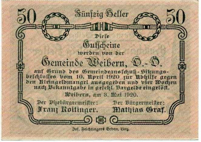 50 геллеров 1920 года Австрия — Коммуна Вайберн (Нотгельд)