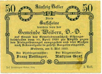 50 геллеров 1920 года Австрия — Коммуна Вайберн (Нотгельд)