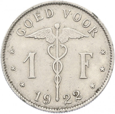 1 франк 1922 года Бельгия (Надпись на голландском — BELGIE)