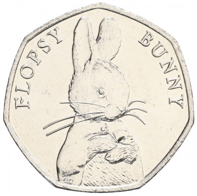 50 пенсов 2018 года Великобритания «150 лет со дня рождения Беатрис Поттер — Флопси Банни»