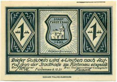 1 марка 1921 года Германия — Фюрстенау (Нотгельд)