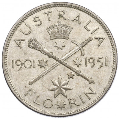 1 флорин 1951 года Австралия «50 лет Федерации»
