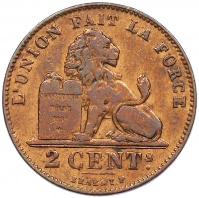 2 сантима 1909 года Бельгия — надпись на французском (DES BELGES)