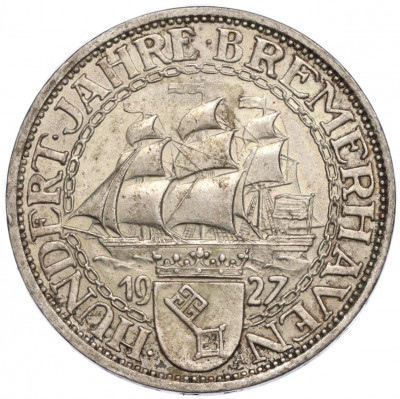 3 рейхсмарки 1927 года A Германия «100 лет Бремерхафену»