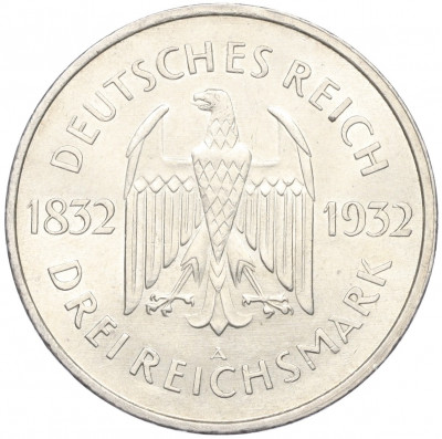 3 рейхсмарки 1932 года A Германия «100 лет со дня смерти Гете»
