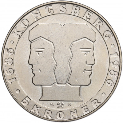 5 крон 1986 года Норвегия «300 лет норвежскому монетному двору»