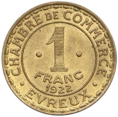 1 франк 1922 года Франция — город Эвре (Нотгельд)