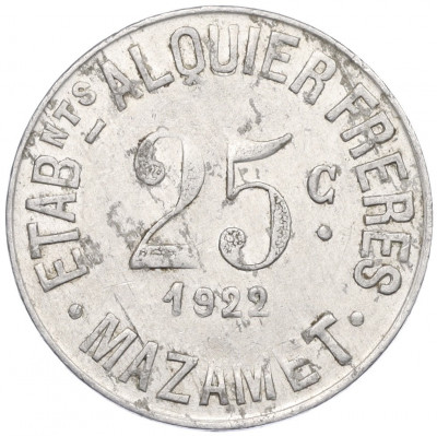 25 сантимов 1922 года Франция — комунна Мазаме (Нотгельд)