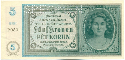 5 крон 1940 года Богемия и Моравия (ОБРАЗЕЦ)