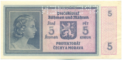 5 крон 1940 года Богемия и Моравия (ОБРАЗЕЦ)