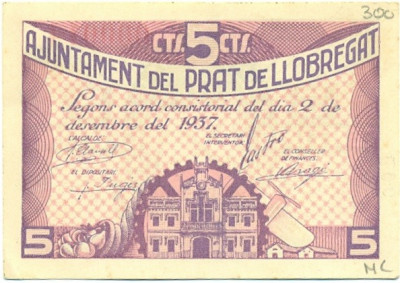 5 сентимо 1937 года Эль-Прат (Гражданская Война в Испании)