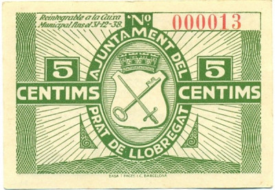 5 сентимо 1937 года Эль-Прат (Гражданская Война в Испании)