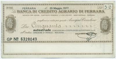 Банковский чек 50 лир 1977 года Италия Unione Provinciale Agricoltori Di Ferrara