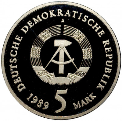 5 марок 1989 года Восточная Германия (ГДР) «500 лет со дня рождения Томаса Мюнцера — Церковь Святой Екатерины в Цвиккау» (Proof)