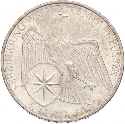 3 рейхсмарки 1929 года A Германия «Объединение Вальдека и Пруссии»