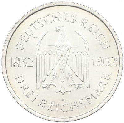 3 рейхсмарки 1932 года A Германия «100 лет со дня смерти Гете»