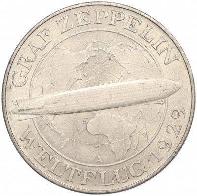 5 рейхсмарок 1930 года А Германия «Полет дирижабля Граф Цеппелин»