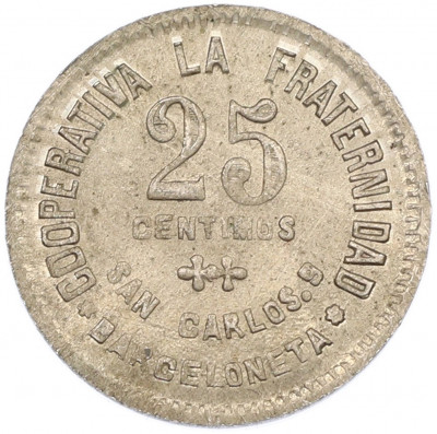 Торговый (кооперативный) жетон 25 сентимо 1915 года Испания — провинция Барселона