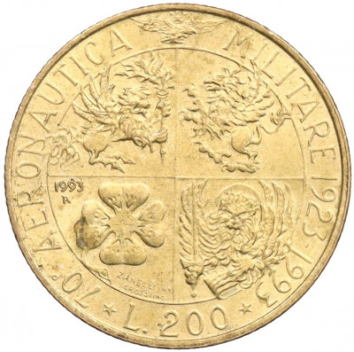 200 лир 1993 года Италия «70 лет военной авиации»