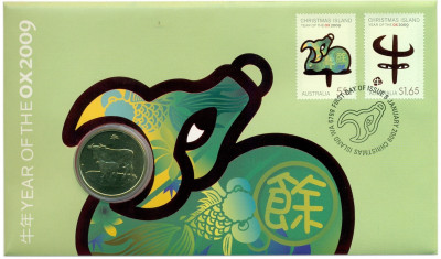1 доллар 2009 года Австралия «Китайский гороскоп — Год быка» (в конверте с марками)