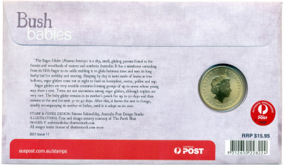 1 доллар 2011 года Австралия «Детеныши диких животных — Сахарная летяга» (в конверте с почтовой маркой)