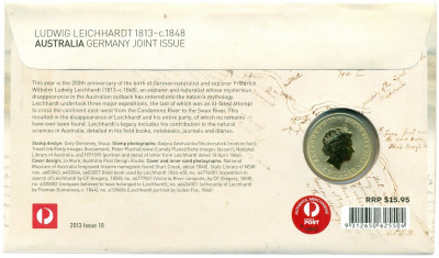 1 доллар 2013 года Австралия «200 лет со дня рождения Людвига Лейхгардта» (в конверте с марками)