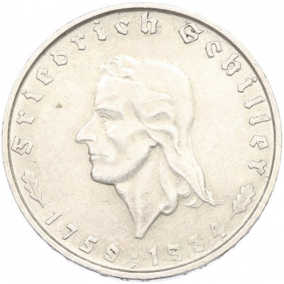 2 рейхсмарки 1934 года F Германия «175 лет со дня рождения Фридриха Шиллера»