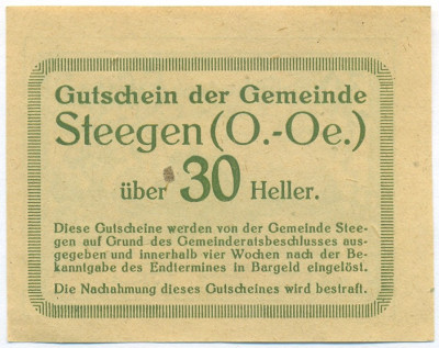 30 геллеров 1920 года Австрия — община Штеген (Нотгельд)