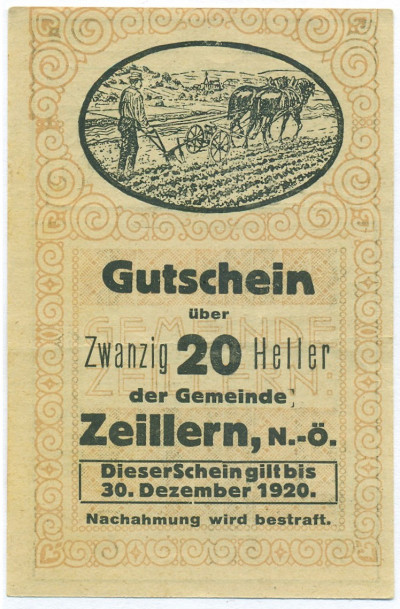20 геллеров 1920 года Австрия — община Цайллерн (Нотгельд)