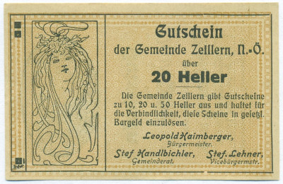 20 геллеров 1920 года Австрия — община Цайллерн (Нотгельд)