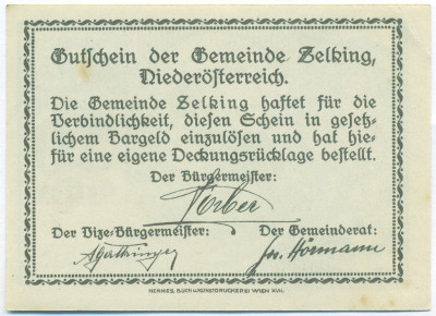 50 геллеров 1920 года Австрия — община Целькинг (Нотгельд)