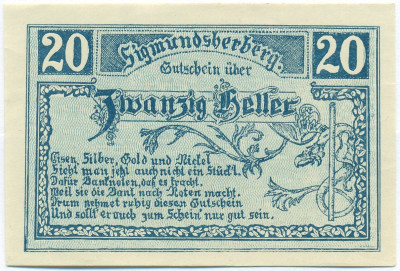 20 геллеров 1920 года Австрия — Зигмундсхерберг (Нотгельд)