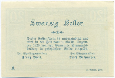 20 геллеров 1920 года Австрия — Зигмундсхерберг (Нотгельд)