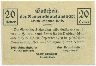 20 геллеров 1920 года Австрия — община Штефансхарт (Нотгельд)