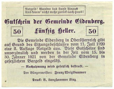 50 геллеров 1920 года Австрия — Коммуна Айденберг (Нотгельд)