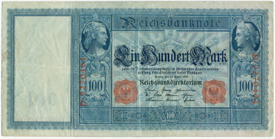 100 марок 1910 года Германия (Красные номера и печати)