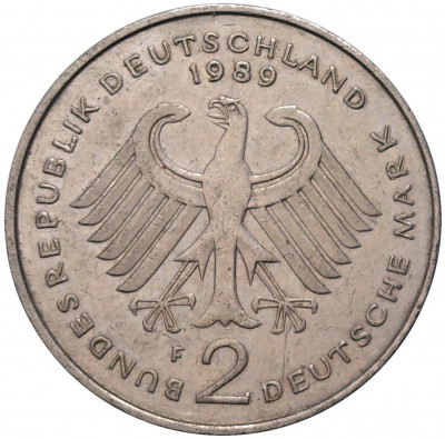 2 марки 1989 года F Западная Германия (ФРГ) «Курт Шумахер»