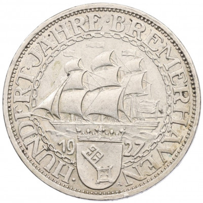 3 рейхсмарки 1927 года A Германия «100 лет Бремерхафену»