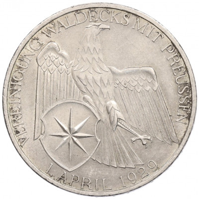 3 рейхсмарки 1929 года А Германия «Объединение Вальдека и Пруссии»