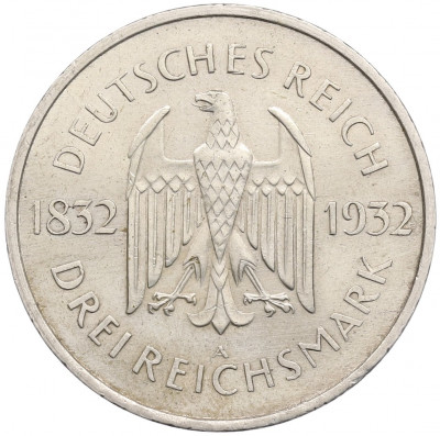 3 рейхсмарки 1932 года A Германия «100 лет со дня смерти Гете»