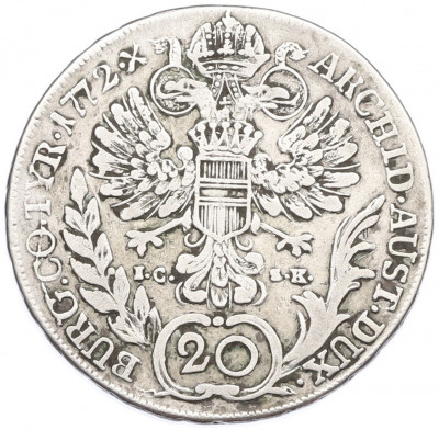 20 крейцеров 1772 года Австрия (Мария Терезия — Орел со щитом Австрии)