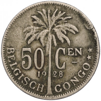 50 сантимов 1928 года Бельгийское Конго — легенда на фламандском (BELGISH CONGO / DER BELGEN)