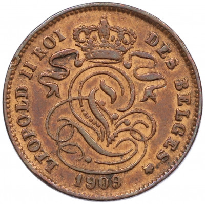 2 сантима 1909 года Бельгия — надпись на французском (DES BELGES)