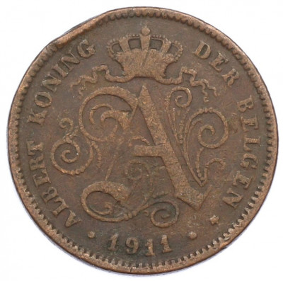 2 сантима 1911 года Бельгия (Надпись на голландском (DER BELGEN)