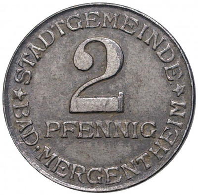 2 пфеннига 1920 года Германия — город Мергентхайм (Нотгельд)